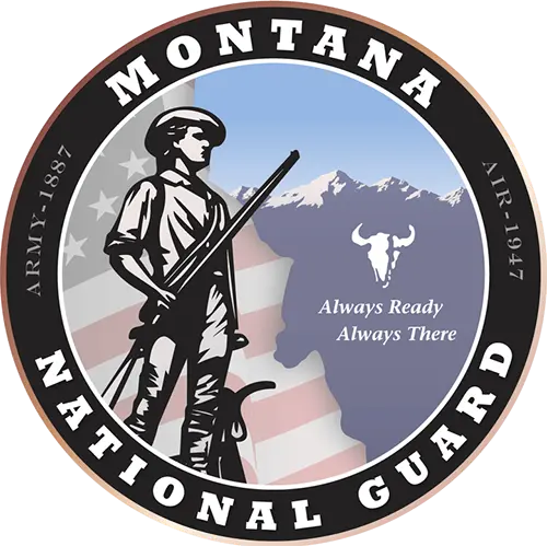 Montana National Guard circular emblem featuring a soldier silhouette, mountain backdrop, and the motto “Always Ready Always There.” This image links to the MT national guard website