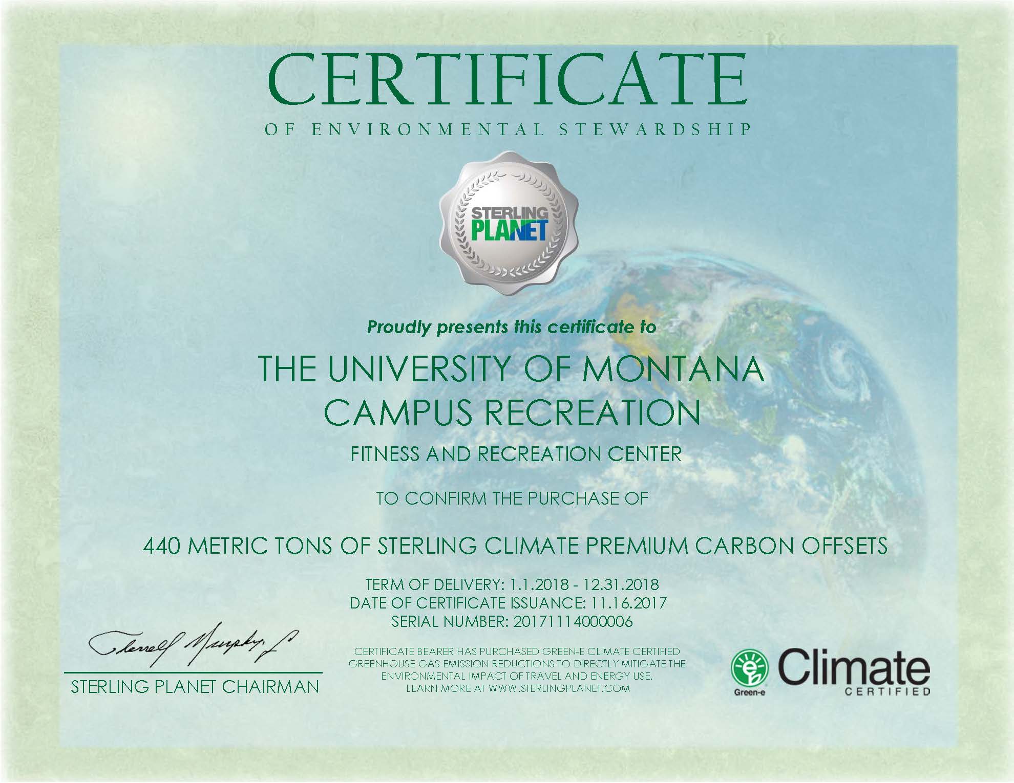 Certificate for carbon offsets