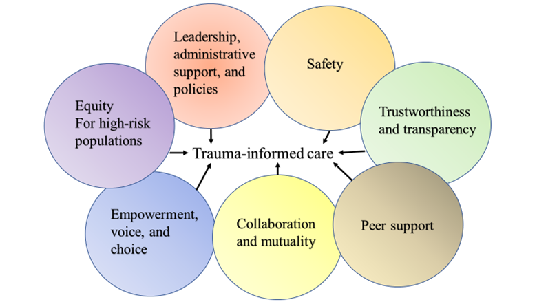 A seven-circle diagram of the key priniciples of trauma-informed care. 