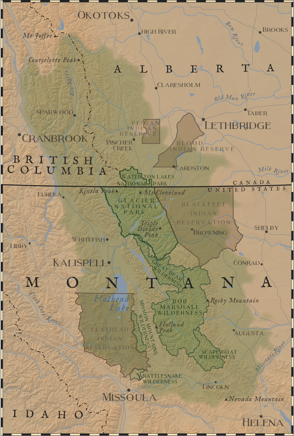 map of Crown of the Continent area of Montana, USA, and British Columbia and Alberta, Canada