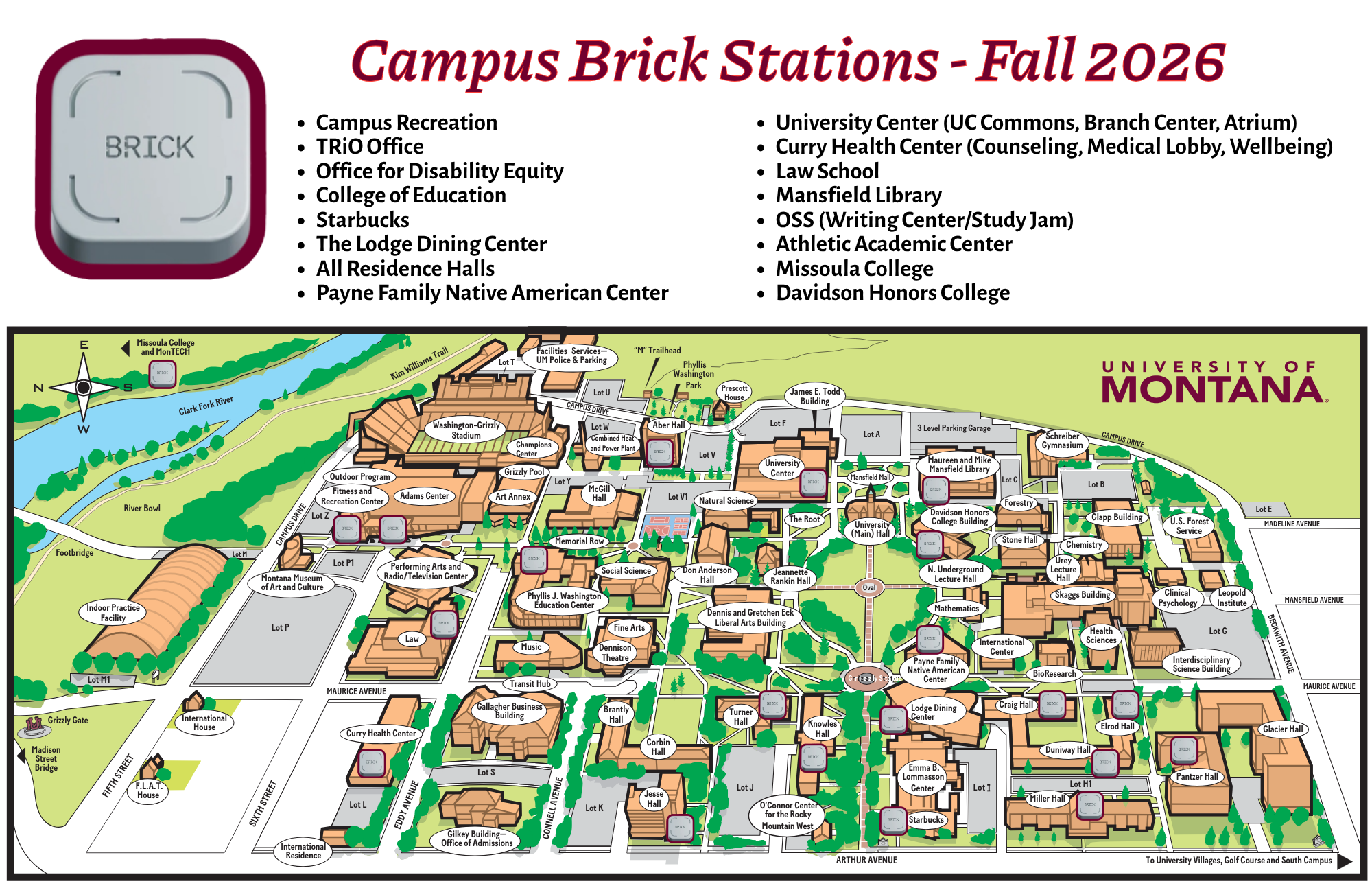 Campus Brick Station Map. Map of UM's campus showing where Brick devices are located around campus.