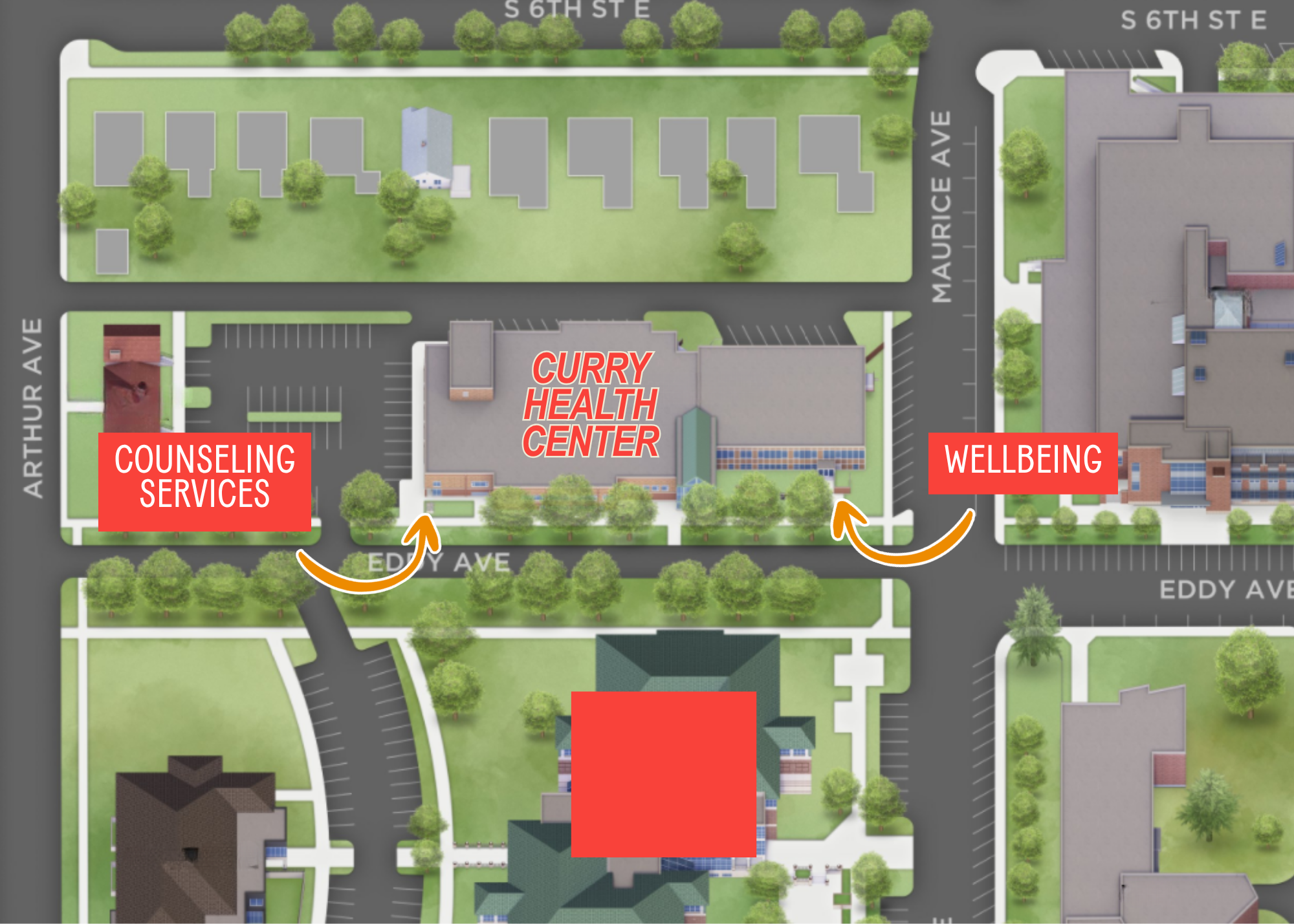 An aerial map of Curry Health Center, showing with arrows where the West Entrance is (Counseling Services) and the East Entrance (Wellbeing). This is where students go to loan out a Brick device.