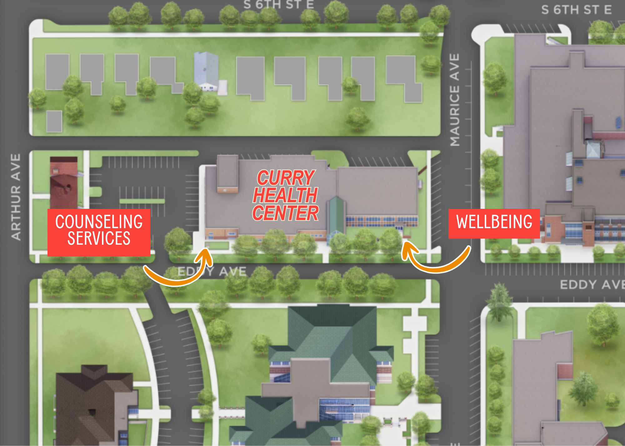 Map of an aerial view of Curry Health Center, with arrows pointing to the West and East Entrances (Counseling Services and Wellbeing), where students can loan a Brick device.