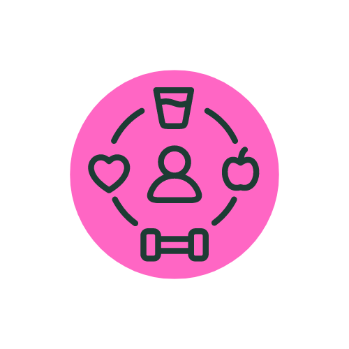 cartoon illustration of human surrounded by class of water, fruit, a heart and a barbell