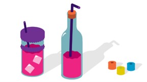 The image is a colorful, stylized illustration showing two drink containers and three small cylindrical objects. On the left is a jar-shaped cup filled with a bright pink liquid and two ice cubes. It has a purple lid with a textured edge and a purple straw. Next to it, in the center, is a tall, narrow bottle made of transparent material, also filled partway with bright pink liquid. A dark purple straw with an orange cap sits in the bottle’s opening. To the right of the bottles are three small cylinders in orange, yellow, and blue, arranged in a row. Everything is drawn in a simple, flat, playful art style with bold colors and long shadows.