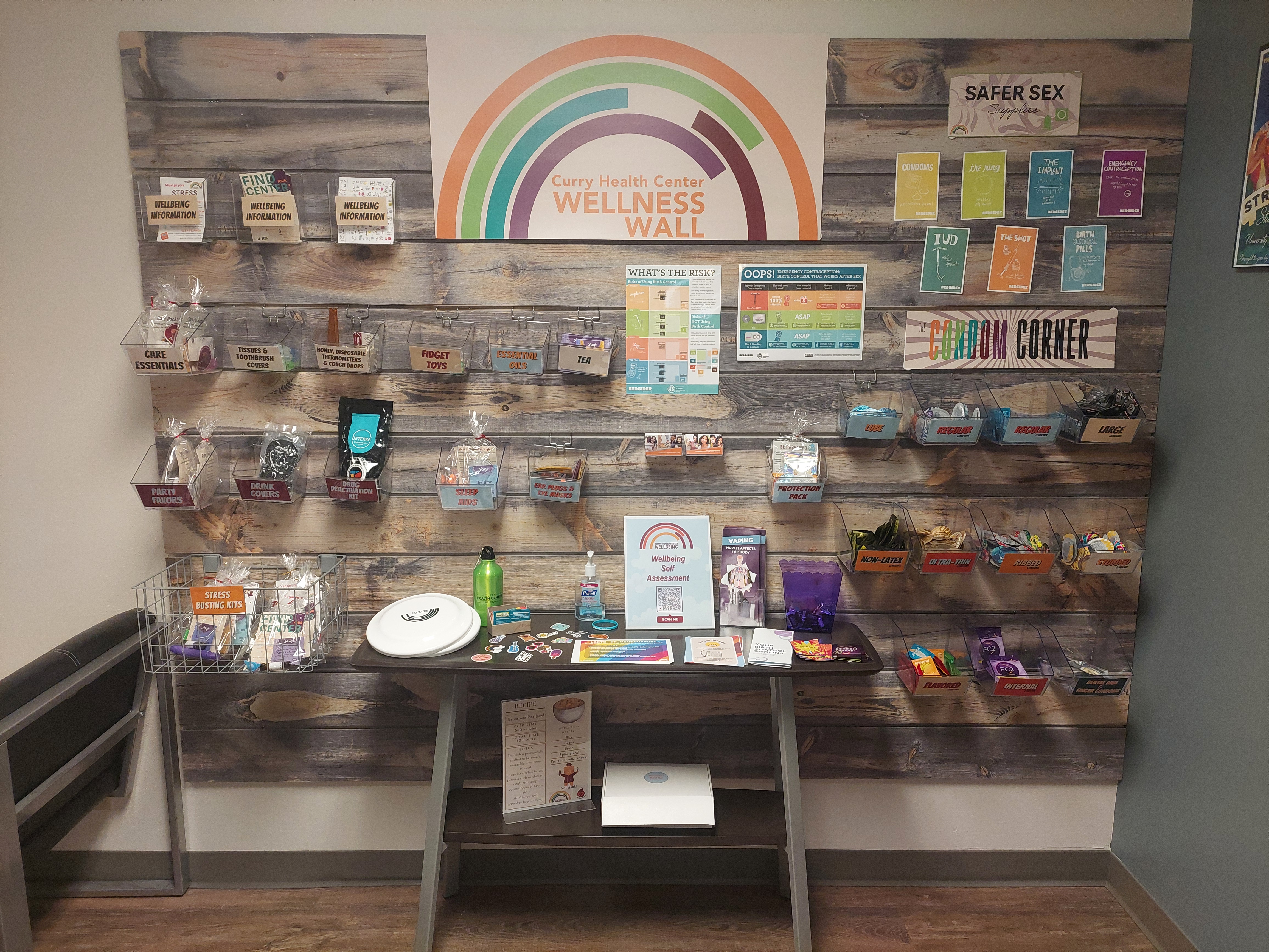 many shelves and hanging items on the wellness wall in curry health center