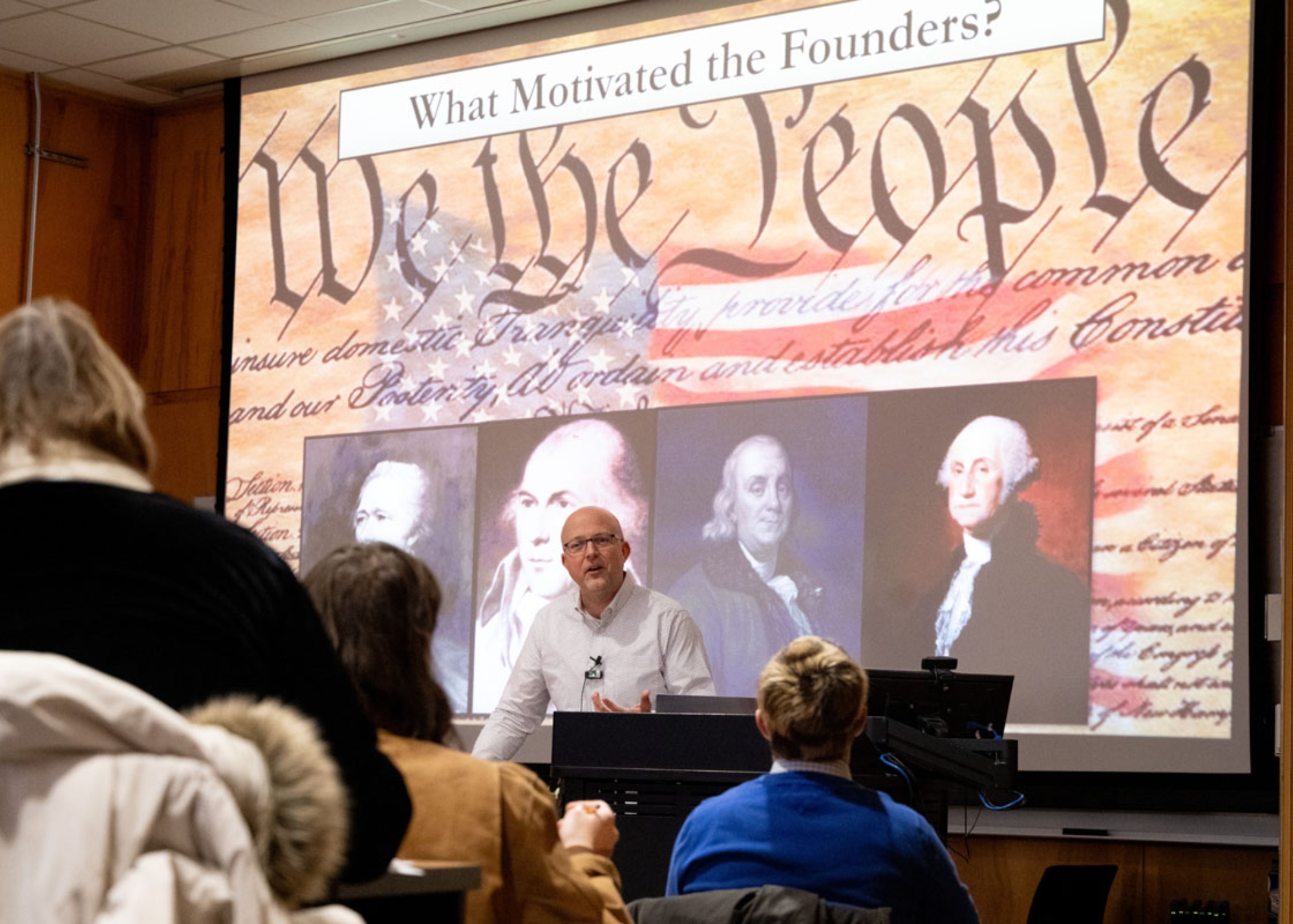 Professor Kyle Volk teaches his History of American Democracy class