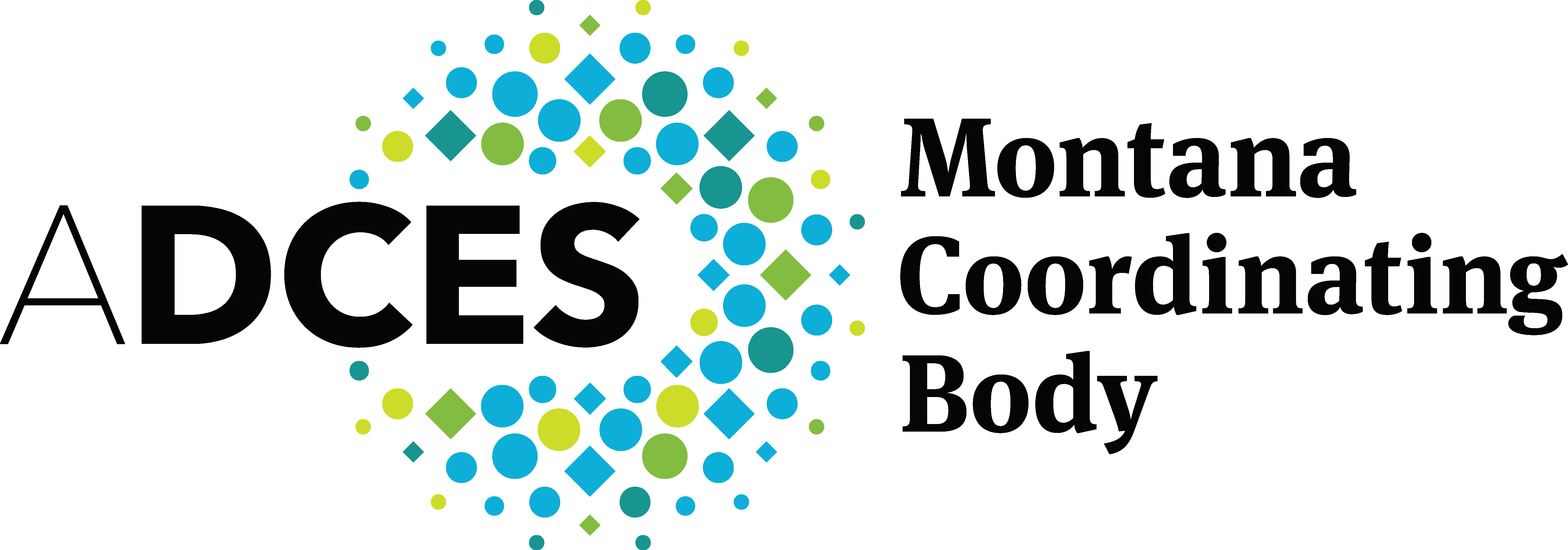 Montana Coordinating Body logo with “DCES” text and a circular mosaic of blue and green dots and diamonds.