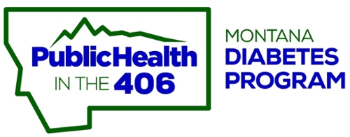 Logo for Montana Diabetes Program reading “PublicHealth in the 406” with a green outline of Montana and a mountain silhouette.