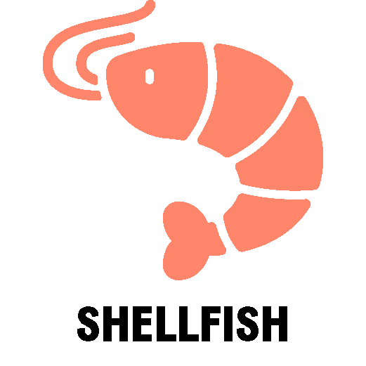 Stylized shrimp illustration above the word “SHELLFISH.”