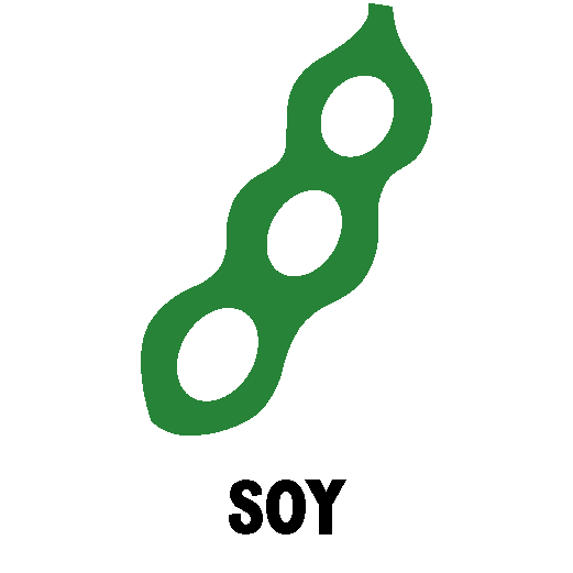 Illustration of a green soybean pod with three beans and the label “SOY.”