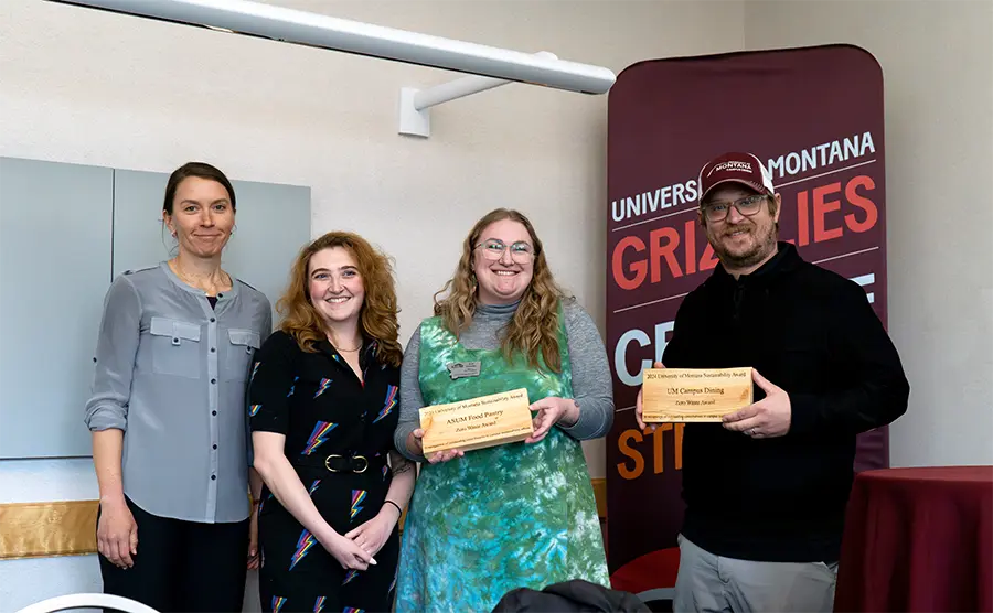 Eva Rocke, UM Sustainability director; Kenzie Carter, Bear Necessities program coordinator; Kat Cowley, Bear Necessities program manager; Colton Buford, assistant director, UMCD Catering and Sustainability.