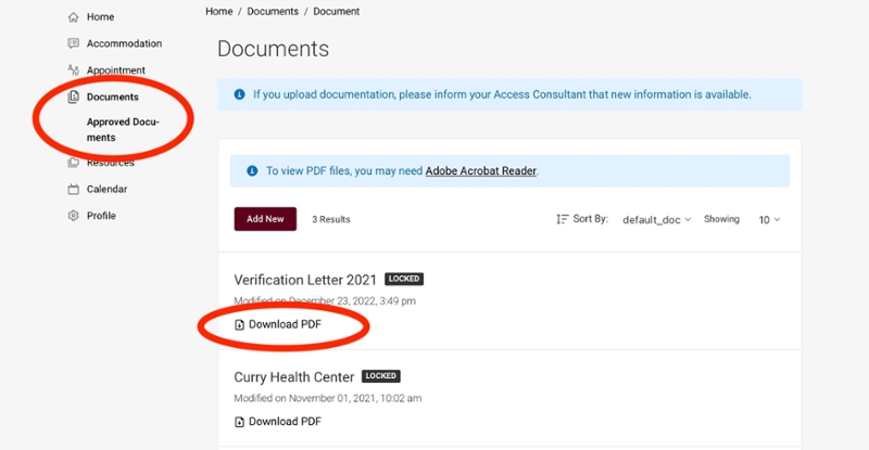 A screenshot on Approved Documents section. Documentations and a verification letter are stored. 