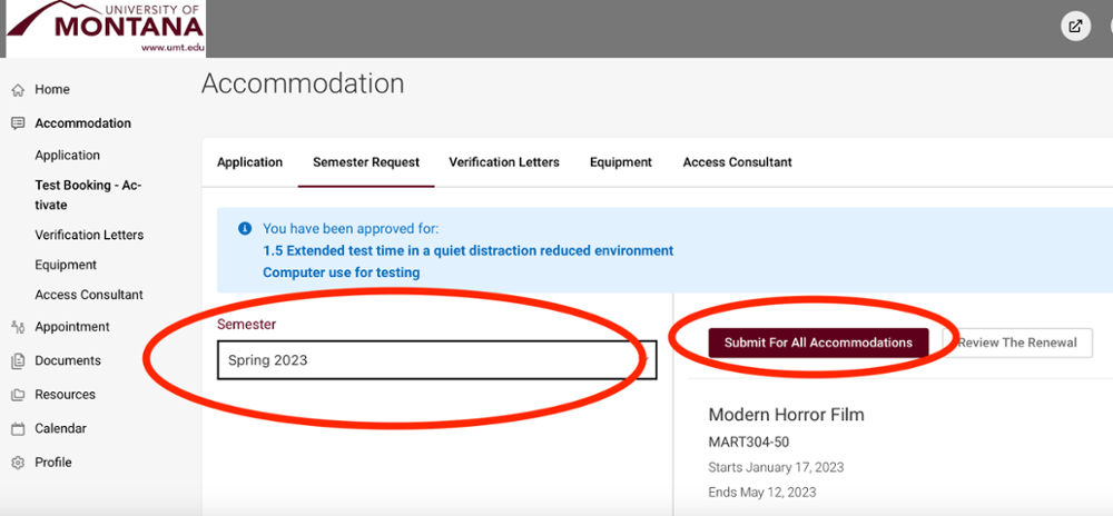 Select the current semester from the drop down menu and then select the Submit for all accommodation button.  