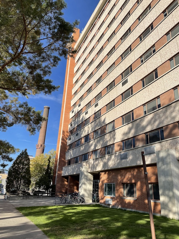 Aber hall is located on the east side of campus near the tennis court, the University Center, and the Heating plant. 