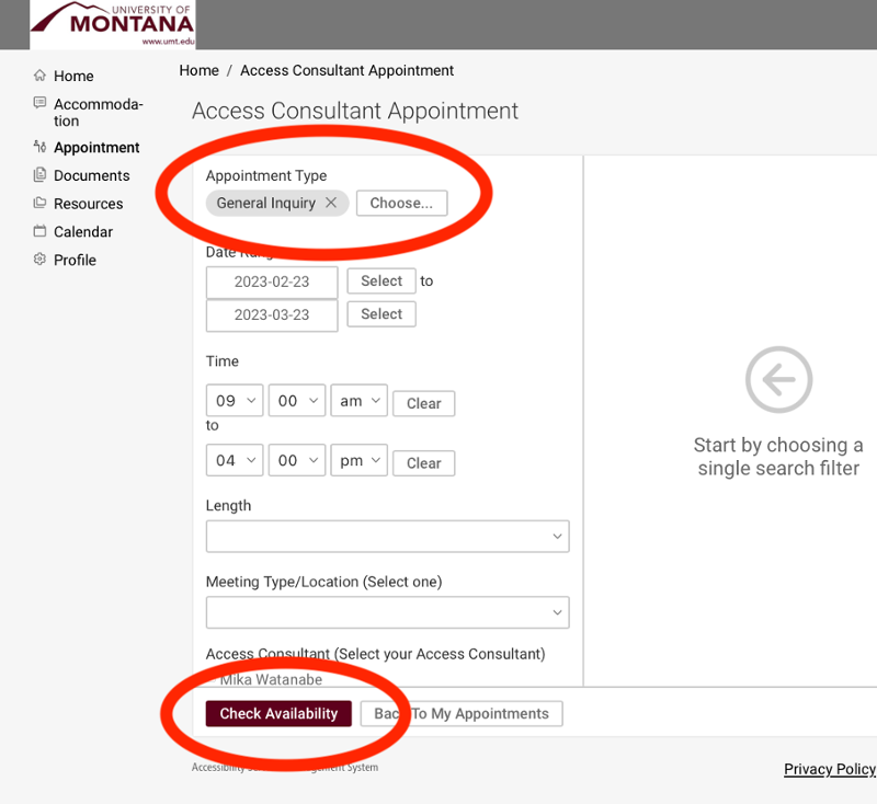 A screen shot of Coordiinator appointment page that shows the Appointment Type button and the Check Availability button 