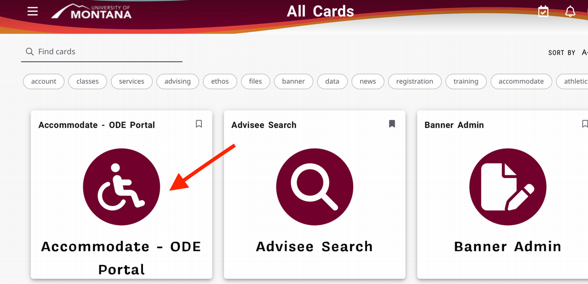 The first card Accommodate - ODE Portal appears in Griz Portal. 