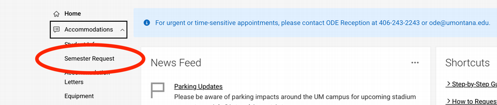 Semester Request menu appears after you select Accommodations.
