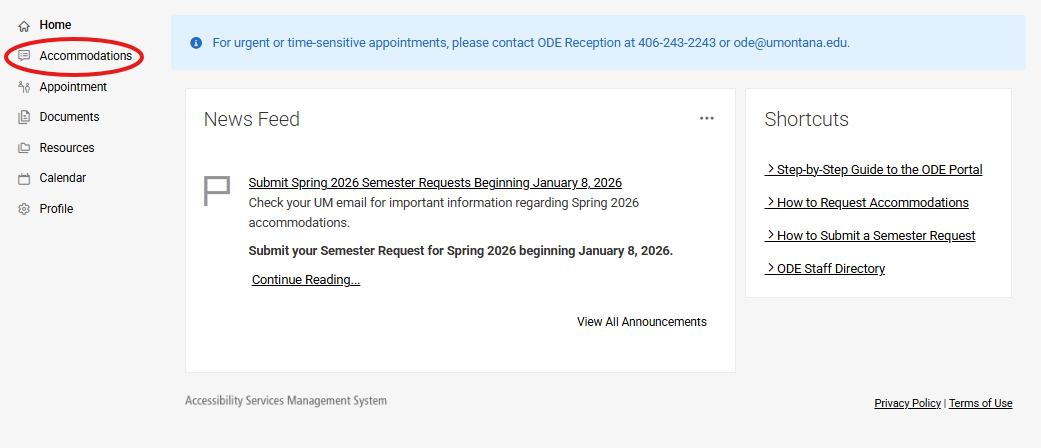 Screenshot of the Accommodations section in an online portal