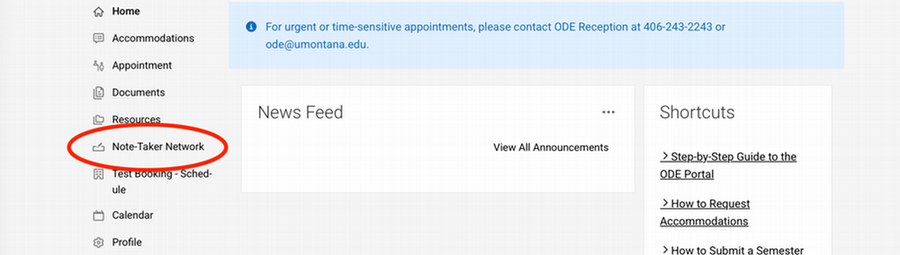 Find the Note Taker Network option in the left-hand menu in the ODE portal.