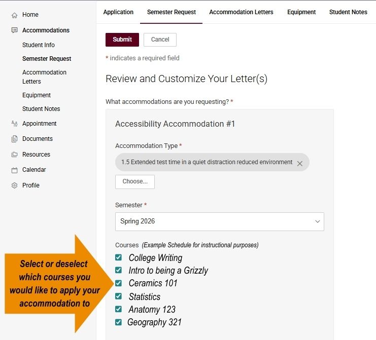 Screenshot of a web interface for a Semester Request form, highlighting the selection of accessibility accommodations along with course options for Spring 2026.