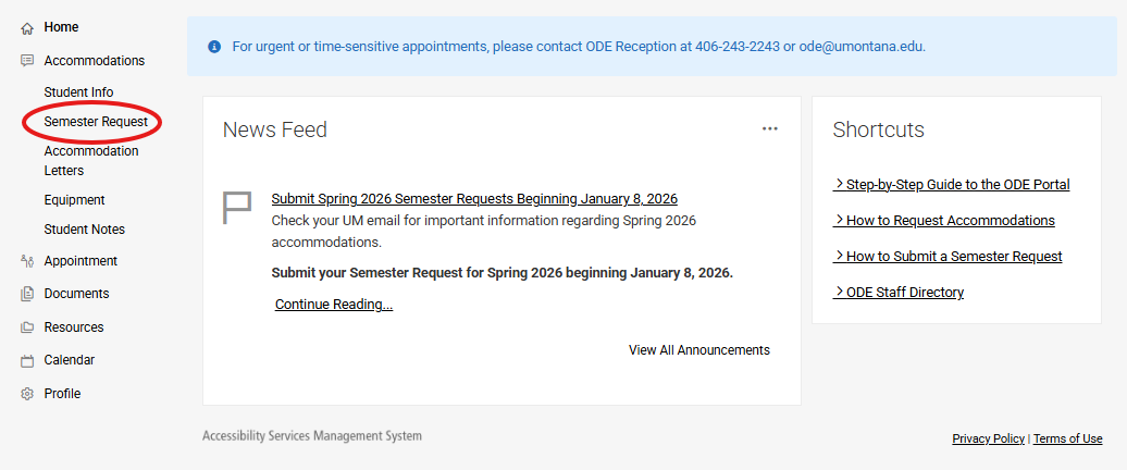 Screenshot of the ODE portal, highlighting the "Semester Request" section in the navigation menu.
