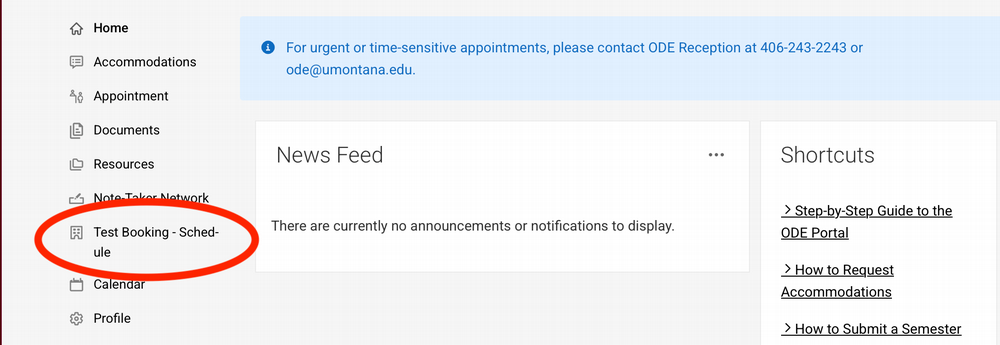 Screenshot of an online dashboard with highlights on the "Test Booking - Schedule" section.