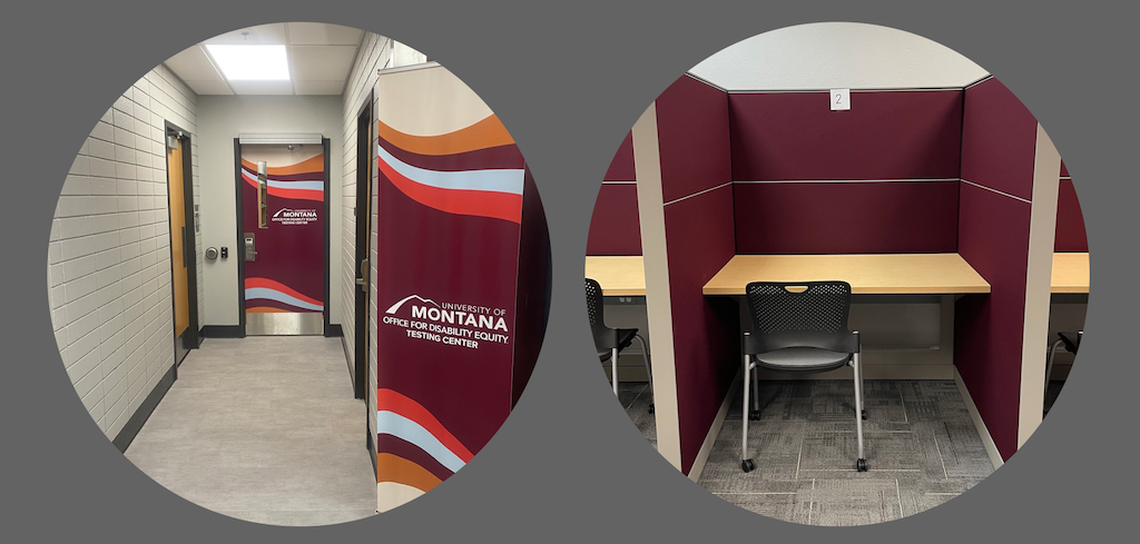 The left picture shows the hallway to the ODE Testing Center, the sign on the right. The right picture shows a group testing room. 