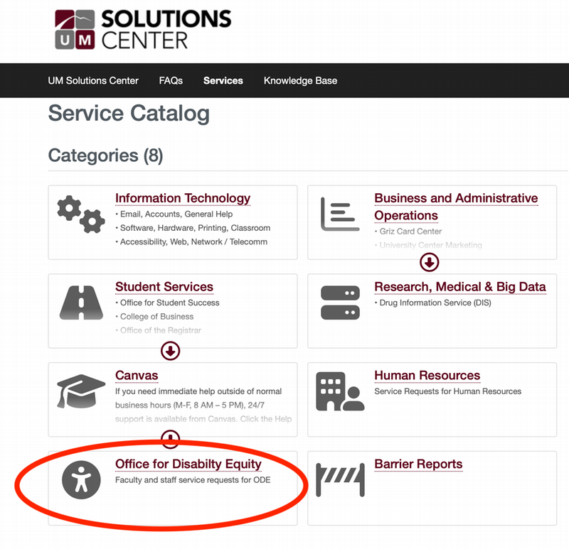 Screenshot of the UM Solutions Center service catalog highlighting the "Office for Disability Equity" section.