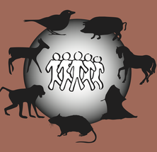 A stylized illustration of various animals surrounding a group of human figures, representing the connection between humans and animals.