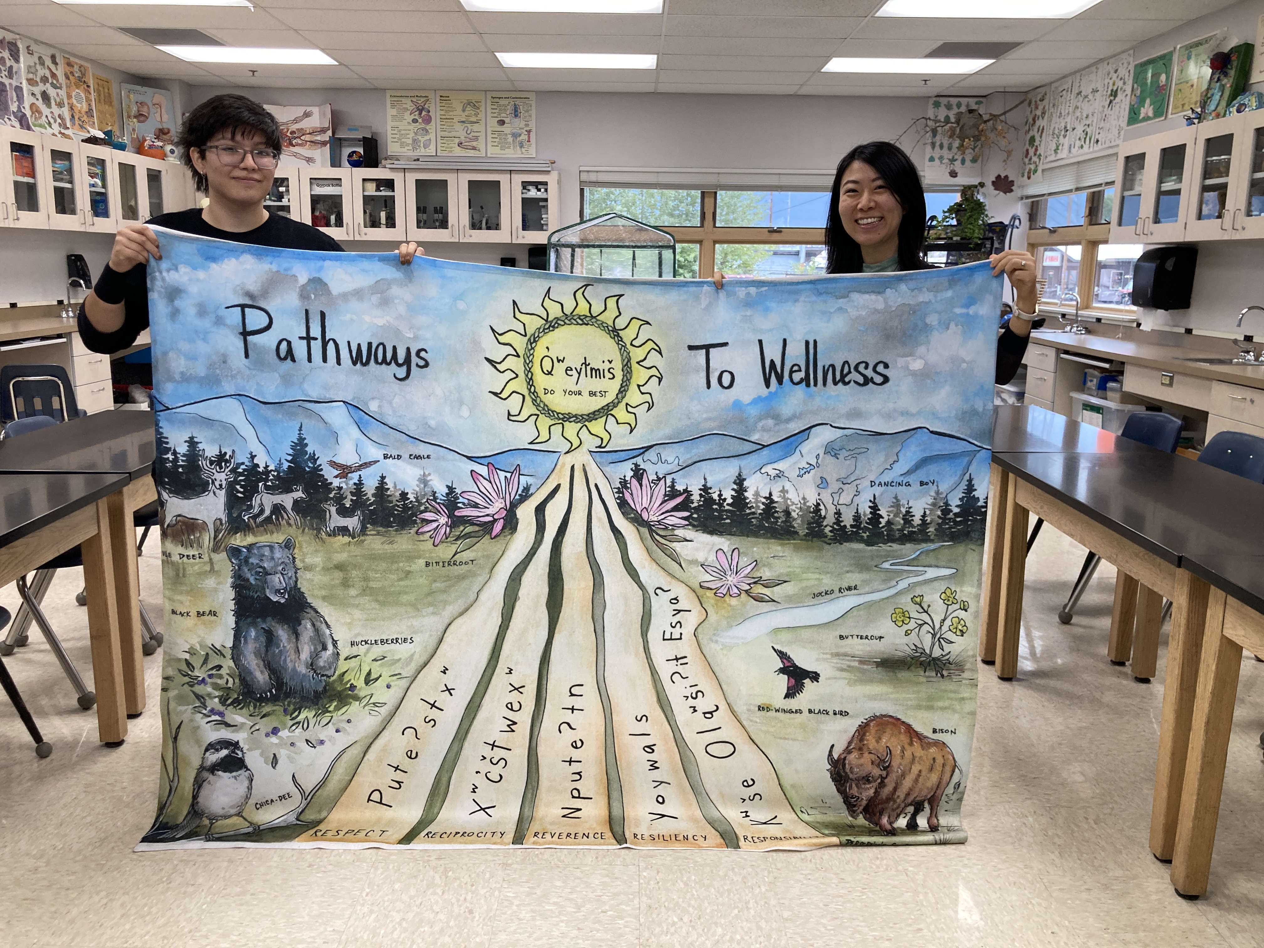 Indigenous youth artist Persephone Sandoval and Teaching and Learning Associate Professor Dr. Jingjing Sun. Persephone created the art displayed in this photo.