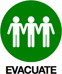 illustration of three white stick figures in a row on a green background with the text evacuate underneath