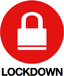 illustration with a white lock on a red background with text lockdown underneath