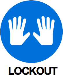 illustration of two hands in white on a blue background with the text lockout underneath