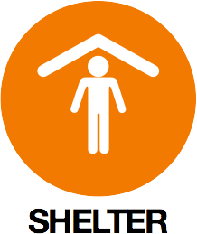 illustration of a stick figure under a roof in white on an orange background with the text shelter underneath