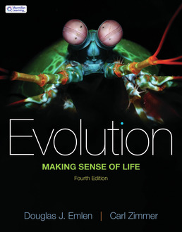 Book cover featuring a close-up, colorful mantis shrimp on a dark background, with the title “Evolution: Making Sense of Life” and authors Douglas J. Emlen and Carl Zimmer.