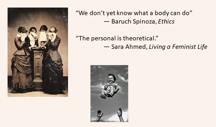 A vintage photograph of four women in 19th-century attire standing around a podium, accompanied by quotes from Baruch Spinoza and Sara Ahmed displayed on a soft background.