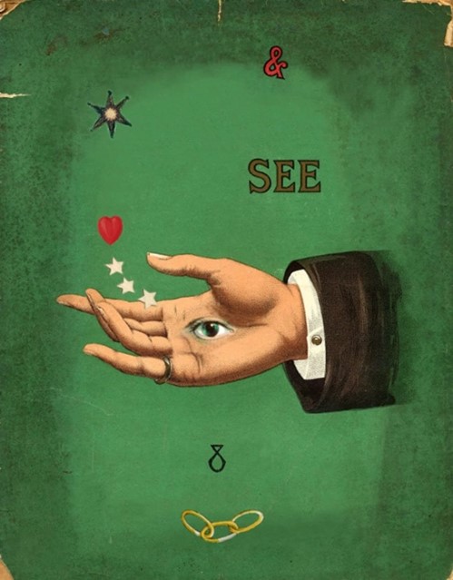 Vintage illustration of a hand in a suit sleeve holding a single eye, with small stars and a heart floating above on a green background.