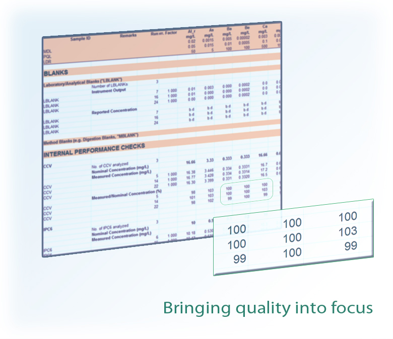 excel sheet with a small section zoomed out and text saying bringing quality into focus along the bottom