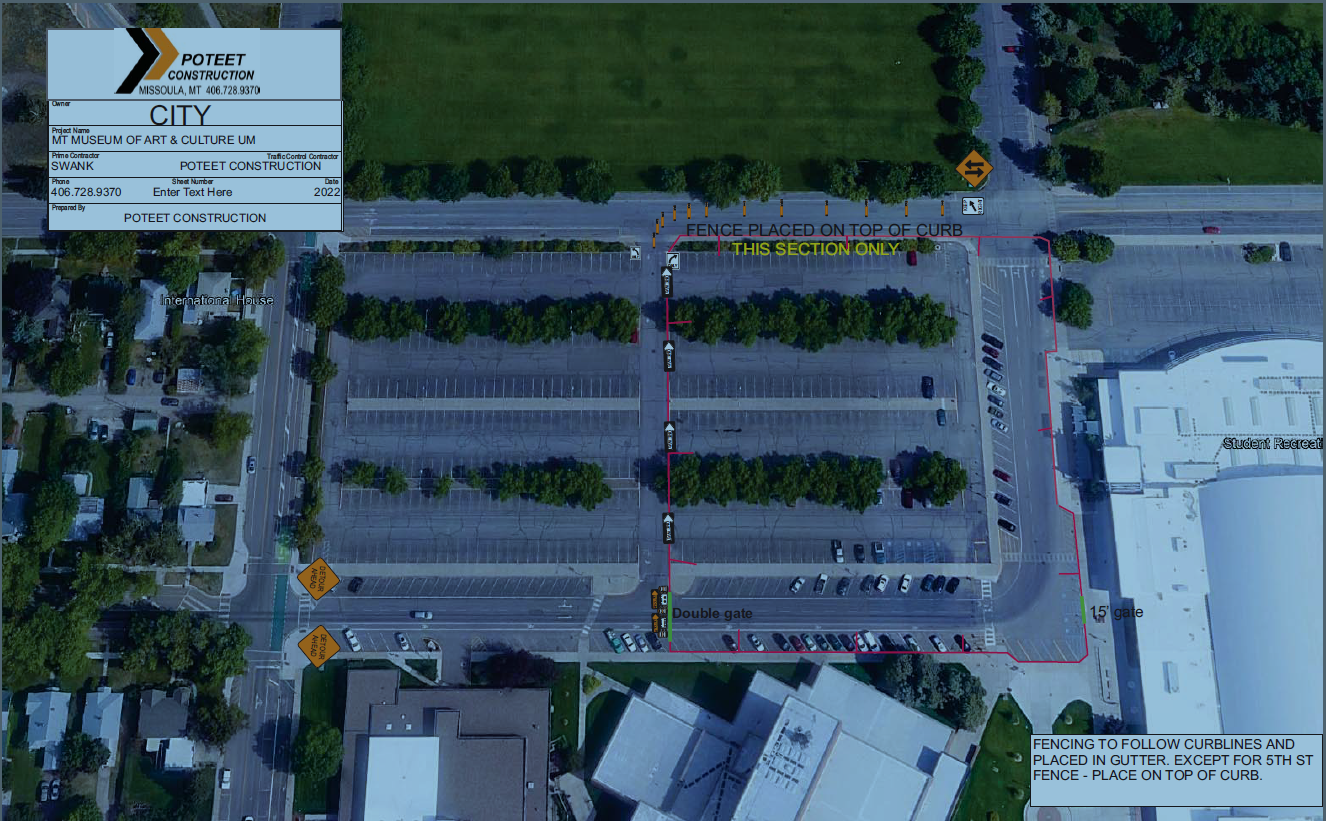Shows the blocking off of lot P for construction. From an aerial view, the fencing will follow curblines and placed in guttter, except for 5th street fence which will be placed on top of the curb. Image shows representation of where the fence construction will be.