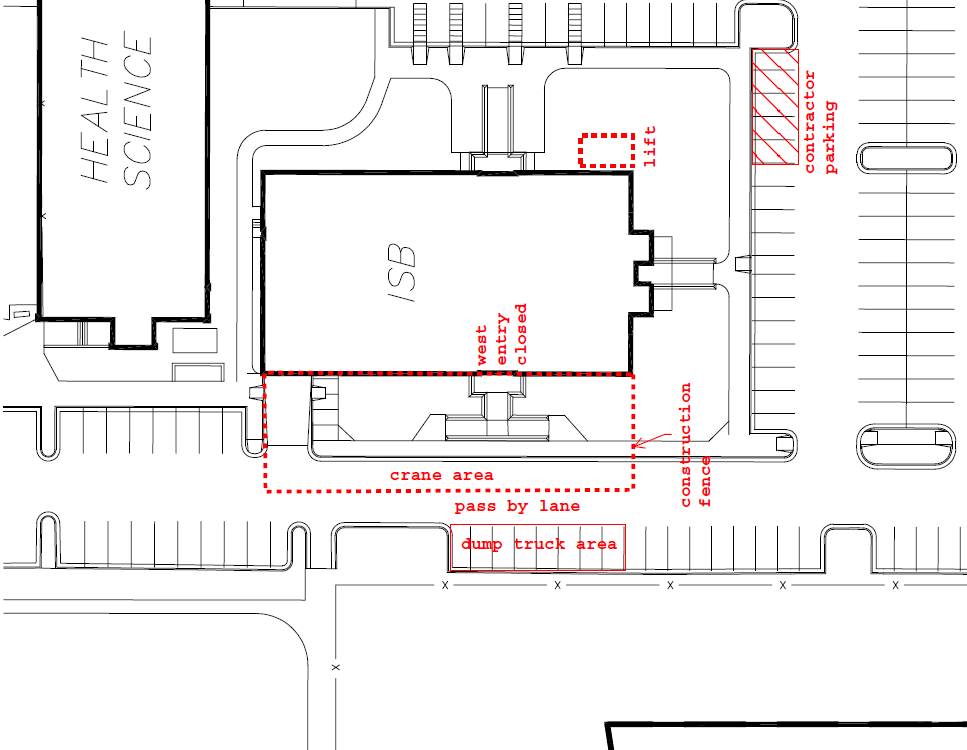 Map of the ISB roof replacement staging area. The west entrance is closed for construction. A fenced construction zone extends along the south and east sides of the building. A crane operation area occupies the south side of the building where existing roof tiles will be removed. Pedestrian and vehicle traffic may be temporarily stopped during crane operations. Contractor parking is located east of the building, and a dump truck staging area is designated south of the crane zone