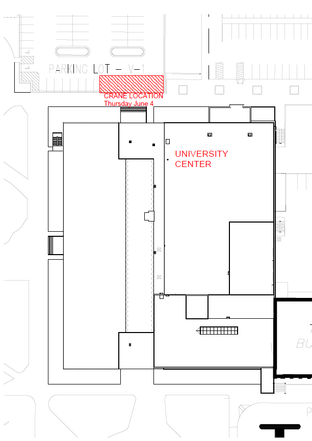 Map view of approximately where the crane will be located on the East side of Mansfield Library - between it and the parking garage