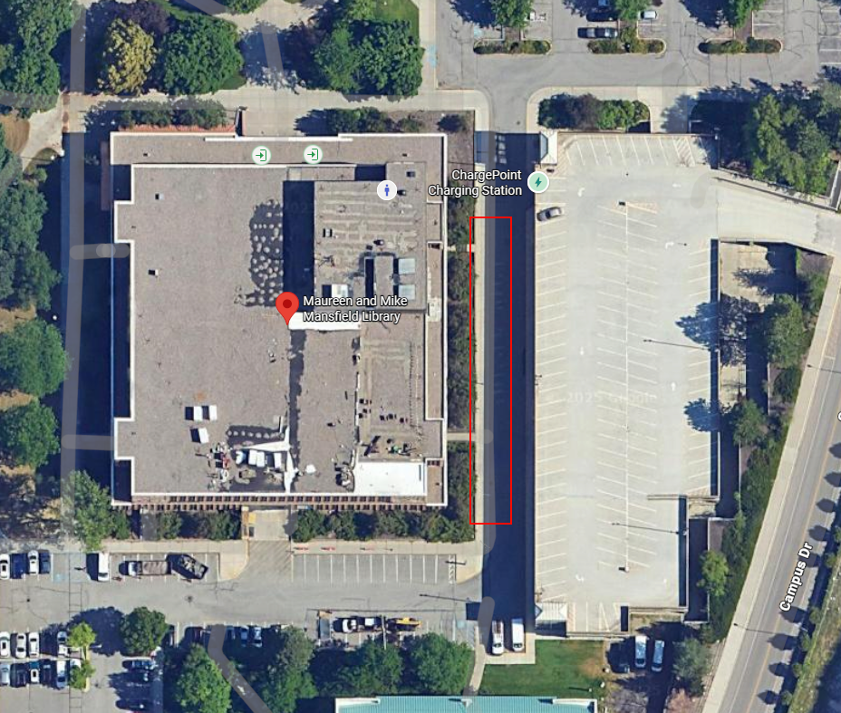 Map view of approximately where the crane will be located on the East side of Mansfield Library - between it and the parking garage