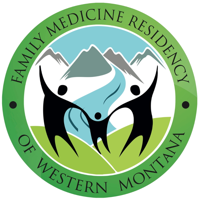 logo of family medicine residency of western montana featuring illustration of three people holding hands in front of mountain range with river flowing down