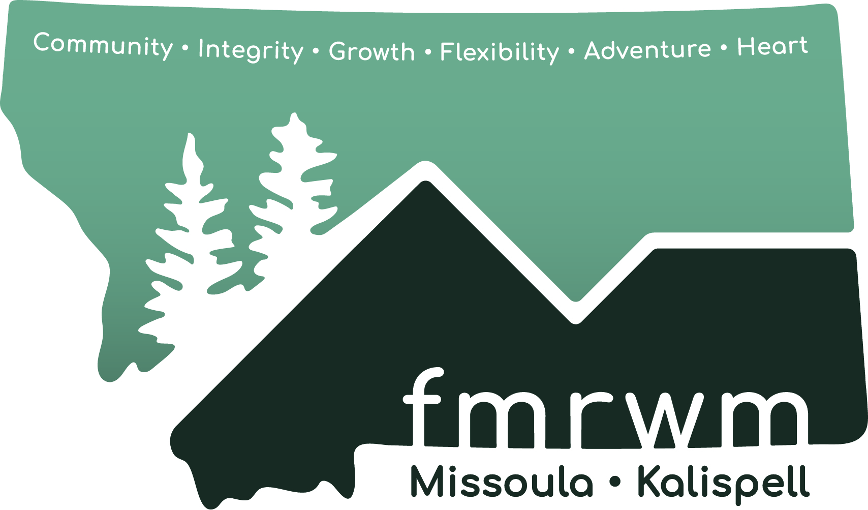 FMRWM Value Logo: The State of Montana with our 6 values written across its northern border and our two locations written along its southern border. the State split by the image of a mountain range with two trees.