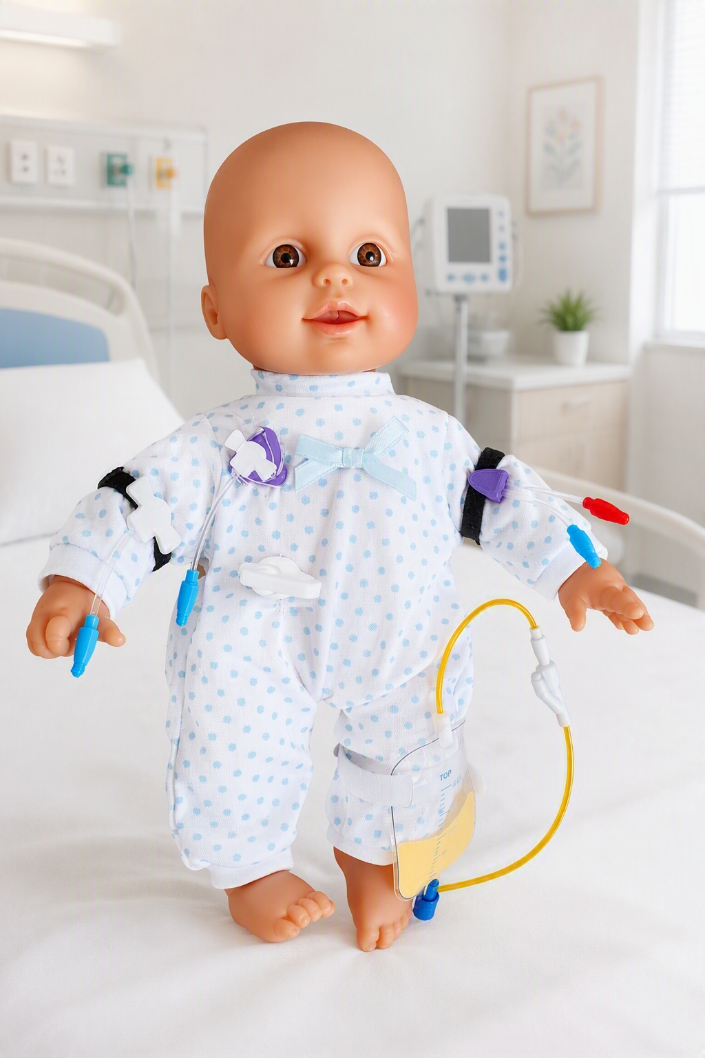 doll included in the kit, doll has various IV and monitor attachments