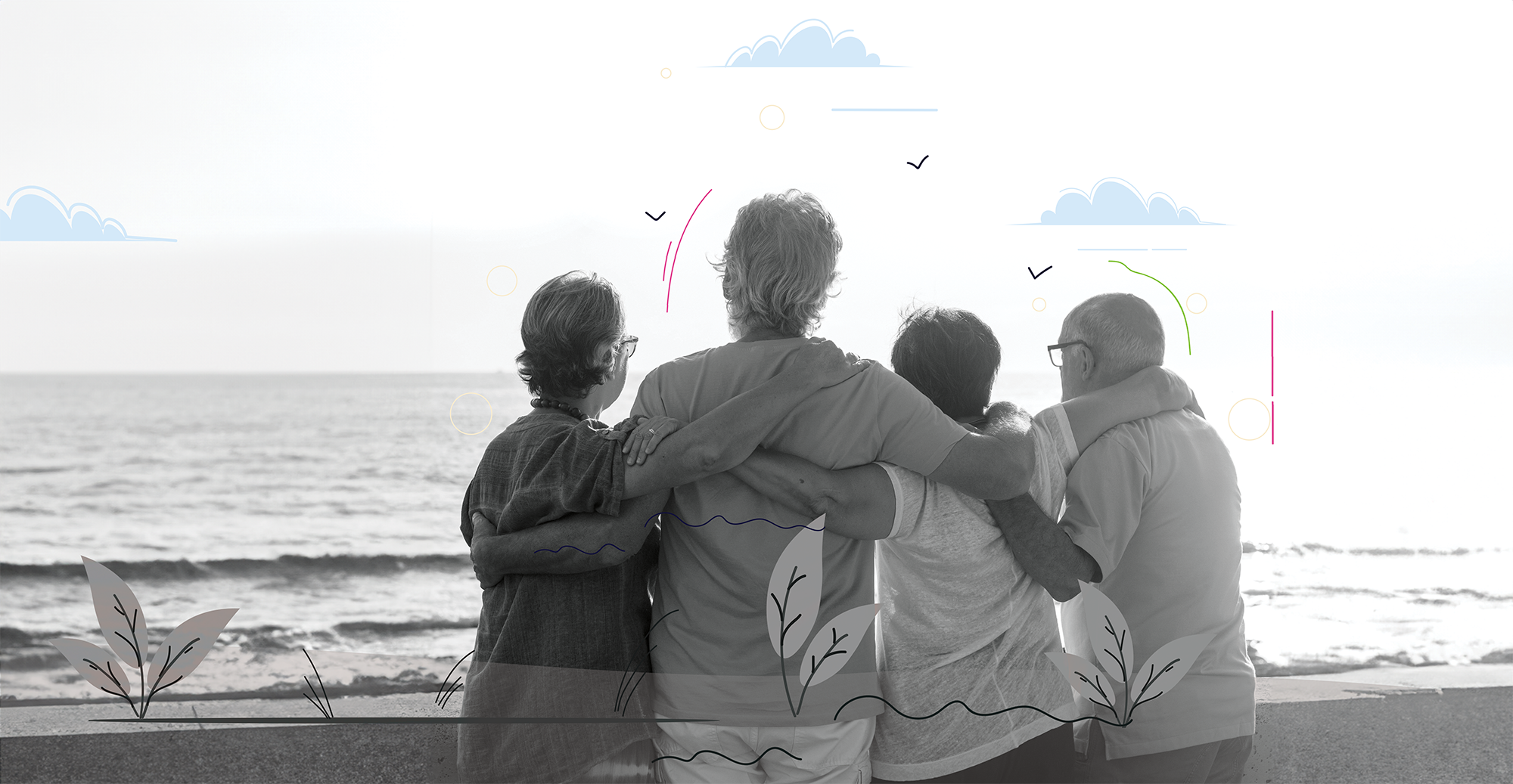 group of people with their arms around each other shoulders looking out at a large body of water