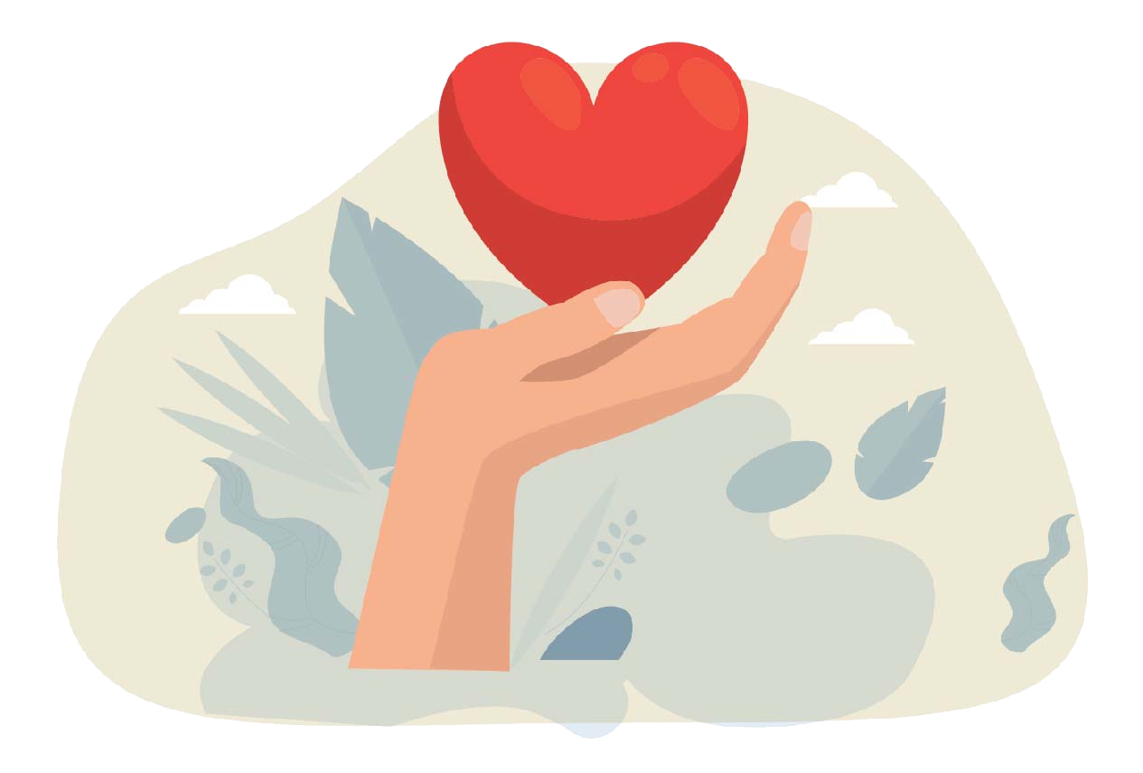 illustration of a hand holding up a heart with plant leafs and clouds in the background