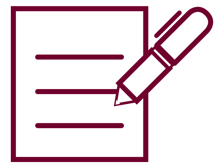 maroon colored icon of a pen signing a contract