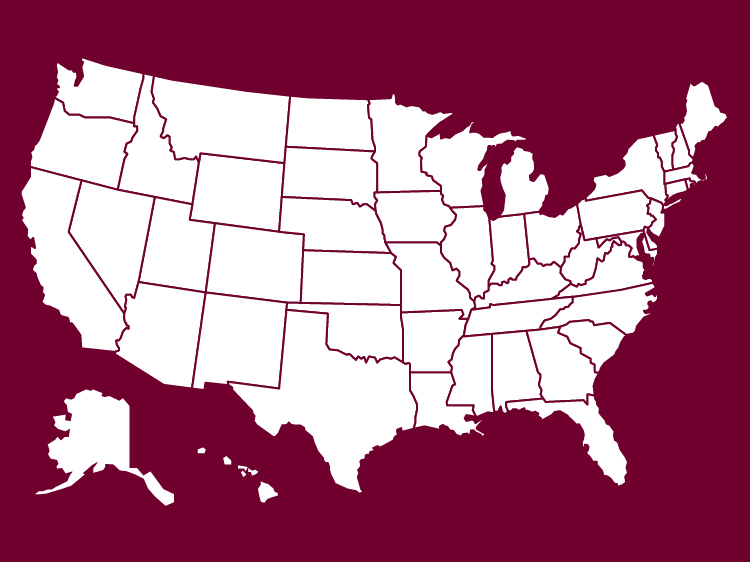 white map of united states on maroon background
